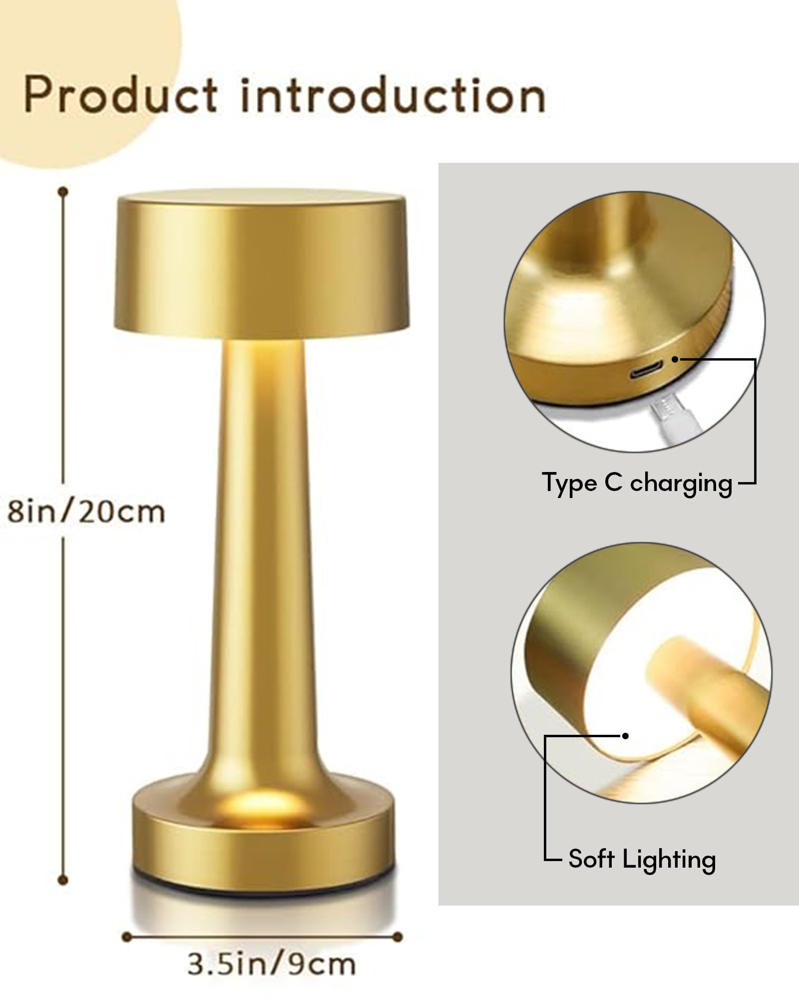 Table Lamp Portable Lamps for Bedroom, Night Lamp, Table Lamp for Bedroom & Living Room, Bedside Lamp, Dimming, 3 Colour Touch Control, Wireless Charging, Metal Dumbbell, Gold