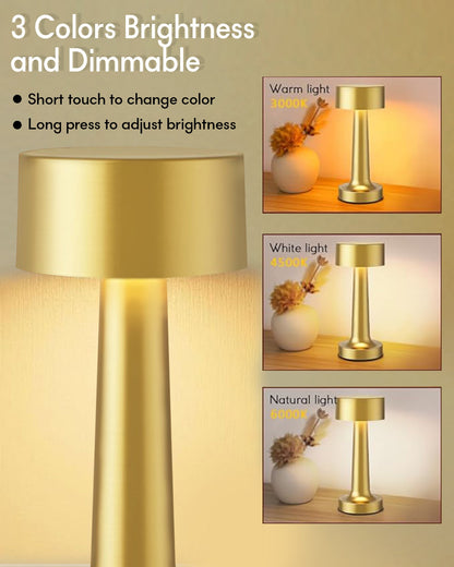 Table Lamp Portable Lamps for Bedroom, Night Lamp, Table Lamp for Bedroom & Living Room, Bedside Lamp, Dimming, 3 Colour Touch Control, Wireless Charging, Metal Dumbbell, Gold