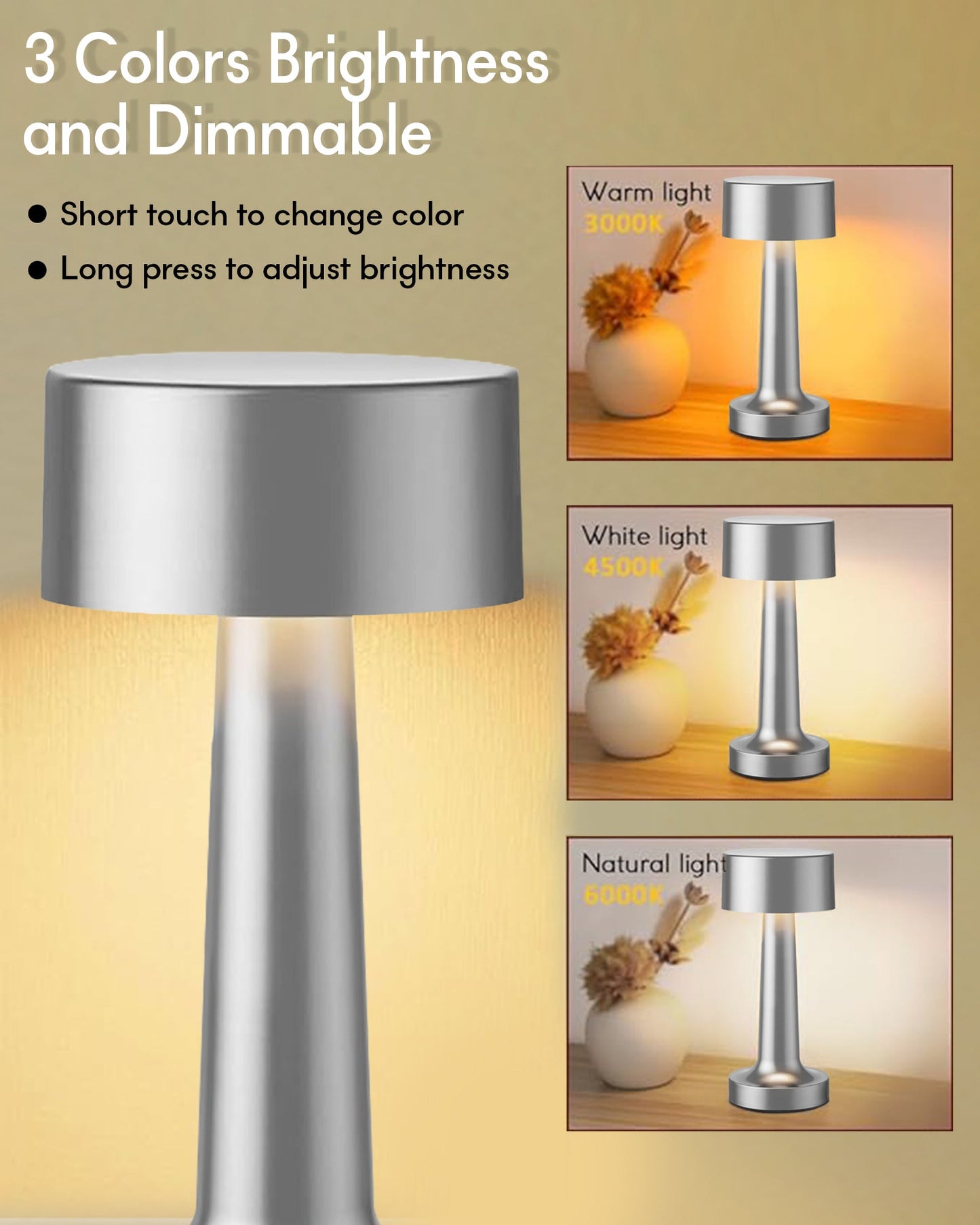 Table Lamp Portable Lamps for Bedroom, Night Lamp, Table Lamp for Bedroom & Living Room, Bedside Lamp, Dimming, 3 Colour Touch Control, Wireless Charging, Metal Dumbbell, Gold