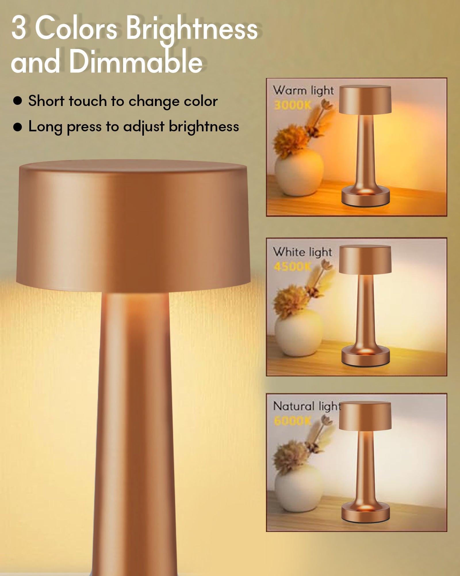 Table Lamp Portable Lamps for Bedroom, Night Lamp, Table Lamp for Bedroom & Living Room, Bedside Lamp, Dimming, 3 Colour Touch Control, Wireless Charging, Metal Dumbbell, Gold