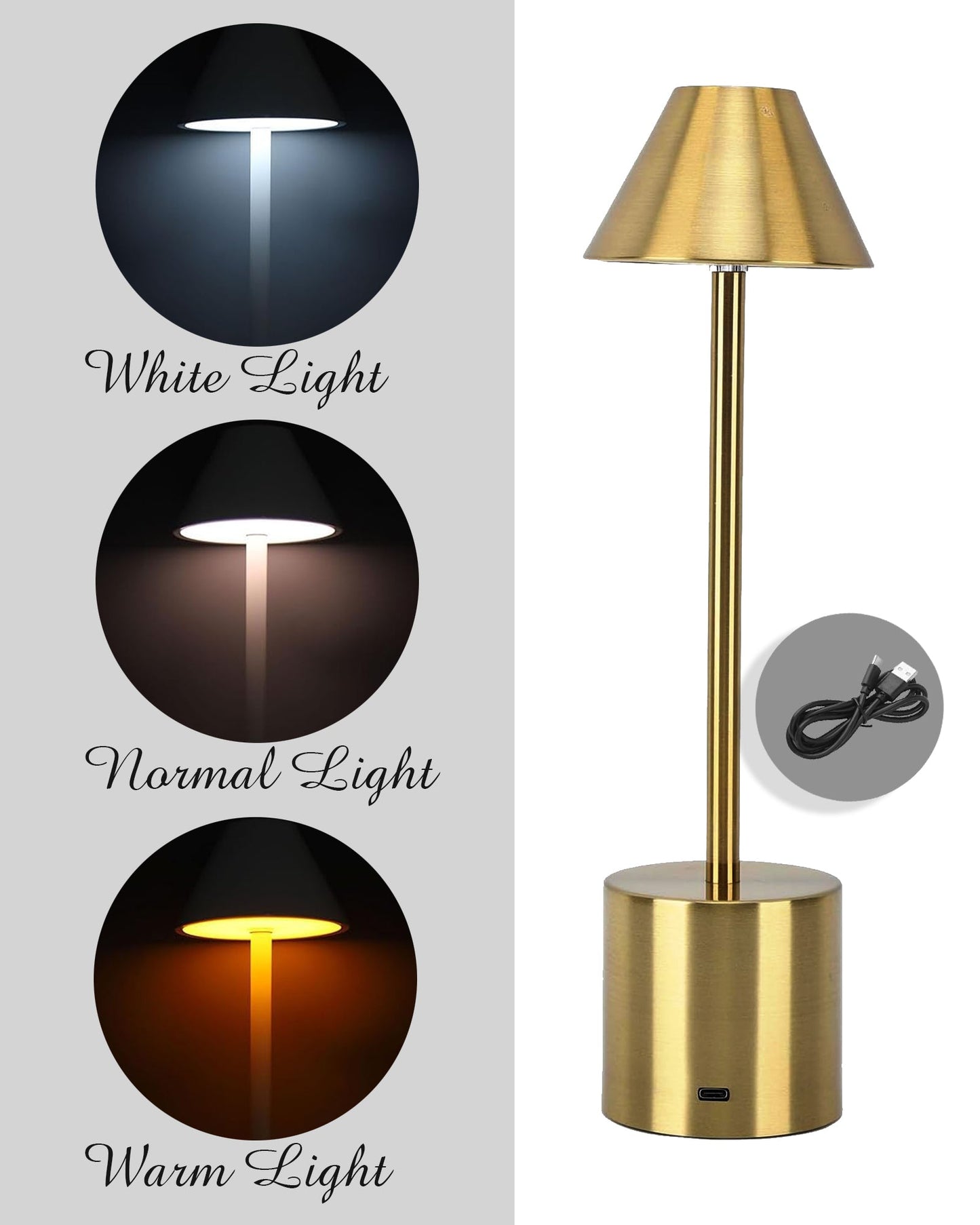 Table Lamp Portable Lamps for Bedroom, Night Lamp, Table Lamp for Bedroom & Living Room, Bedside Lamp, Dimming, 3 Colour Touch Control, Wireless Charging, Metal Cone, Gold
