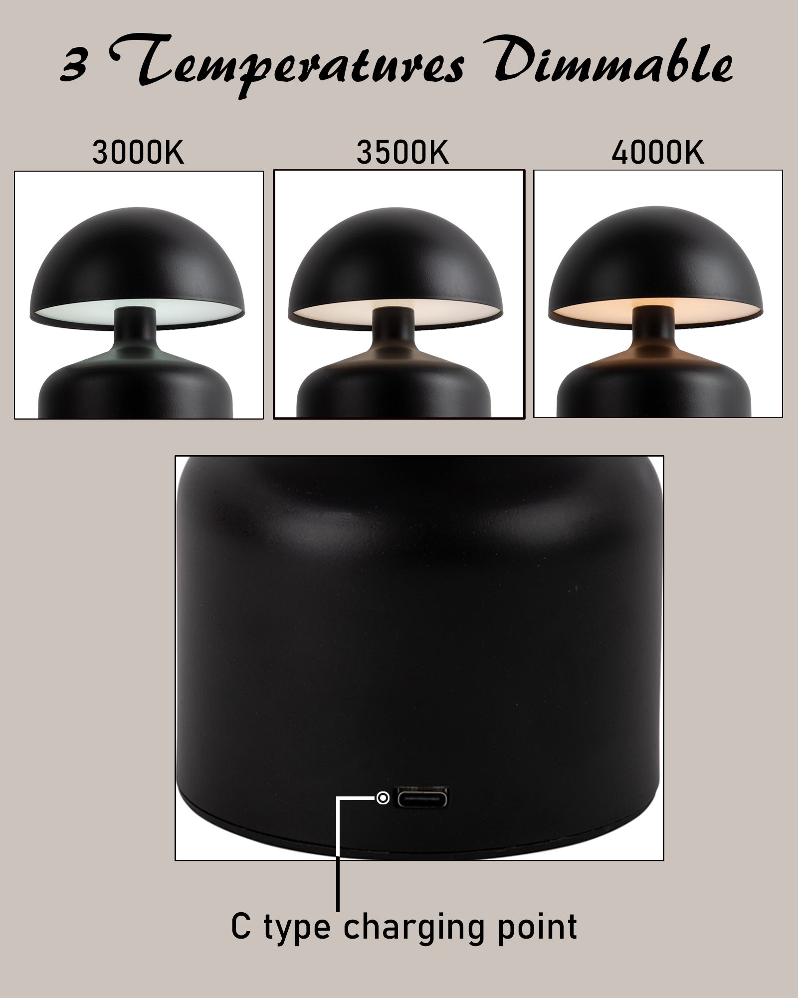 Table Lamp Portable Lamps for Bedroom, Night Lamp, Table Lamp for Bedroom & Living Room, Bedside Lamp, Dimming, 3 Colour Touch Control, Wireless Charging, Metal Mushroom, Gold