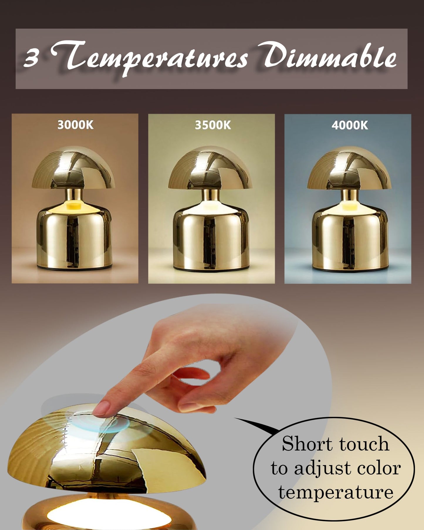 Table Lamp Portable Lamps for Bedroom, Night Lamp, Table Lamp for Bedroom & Living Room, Bedside Lamp, Dimming, 3 Colour Touch Control, Wireless Charging, Metal Mushroom, Gold