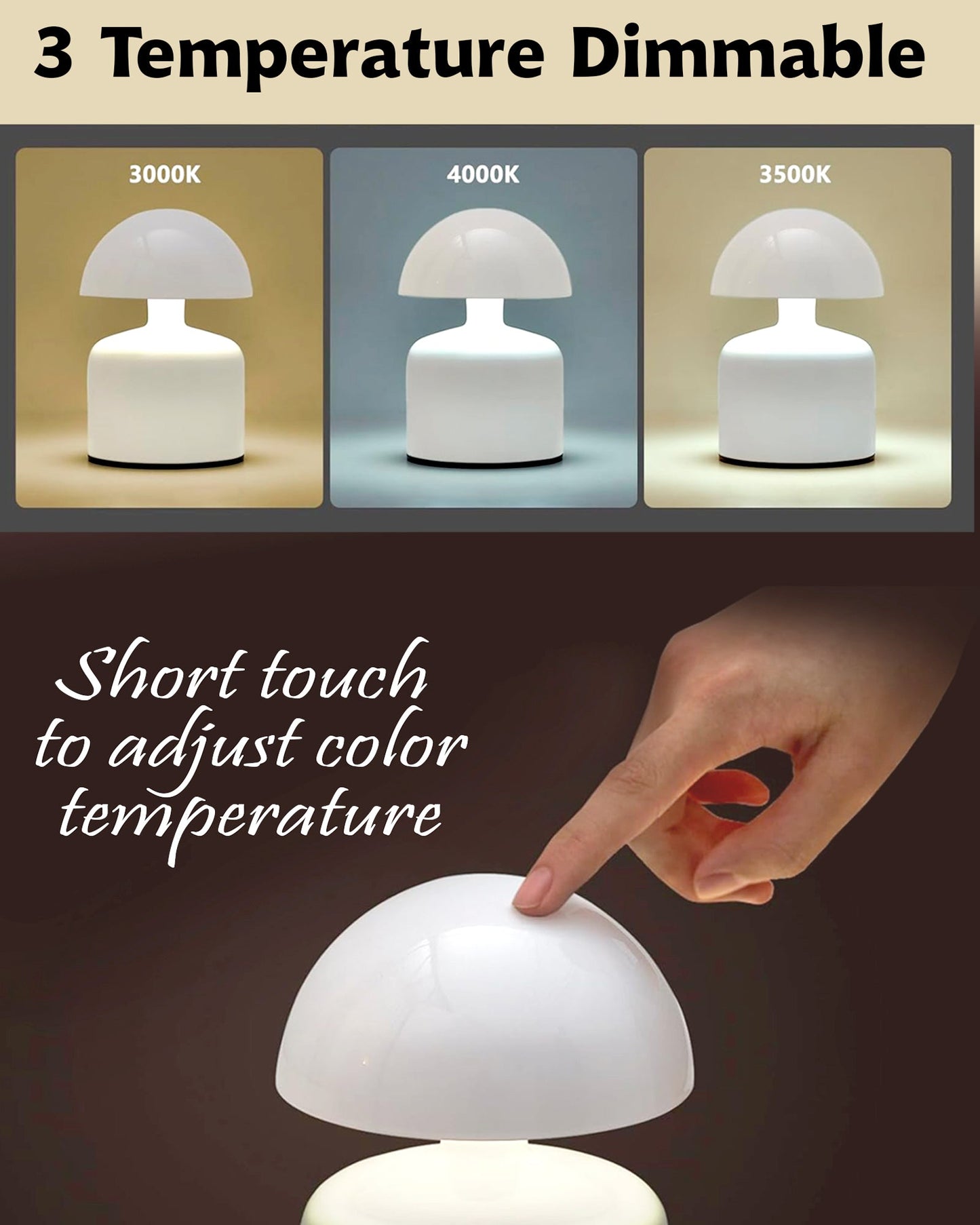 Table Lamp Portable Lamps for Bedroom, Night Lamp, Table Lamp for Bedroom & Living Room, Bedside Lamp, Dimming, 3 Colour Touch Control, Wireless Charging, Metal Mushroom, Gold