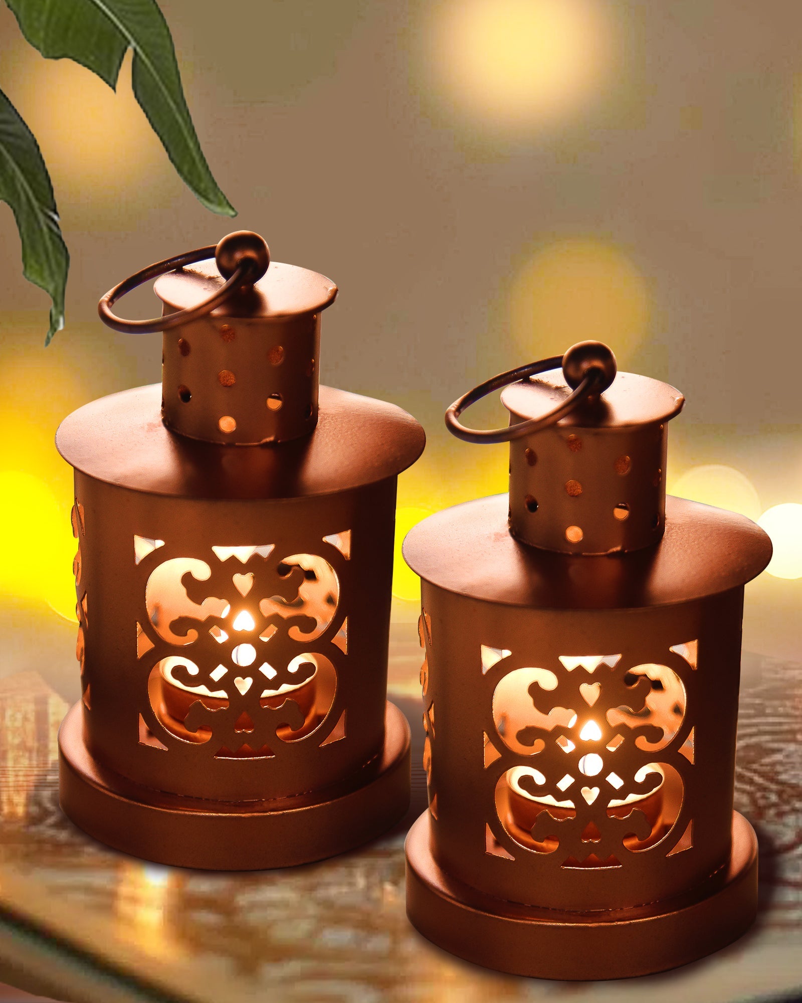 Lanterns Small Metal Moroccan Lanterns Decorative Candle Tealight Holders for Centerpieces, Home Decor, Diwali, Weddings, set of 2, Golden Valentia