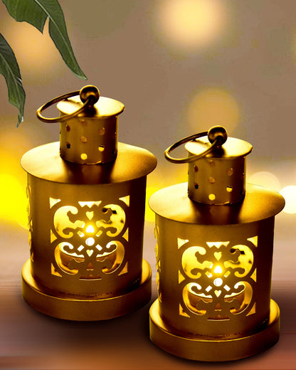 Lanterns Small Metal Moroccan Lanterns Decorative Candle Tealight Holders for Centerpieces, Home Decor, Diwali, Weddings, set of 2, Golden Valentia
