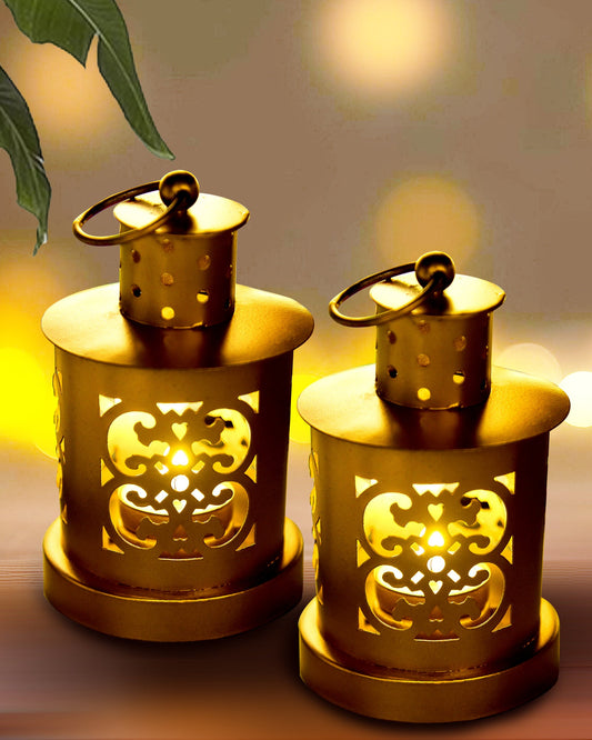 Lanterns Small Metal Moroccan Lanterns Decorative Candle Tealight Holders for Centerpieces, Home Decor, Diwali, Weddings, set of 2, Golden Valentia