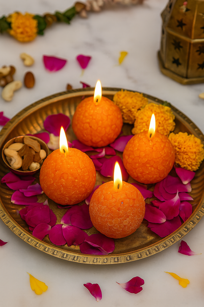 Premium Ladoo Candle, Hand Poured, Motichur Laddoo Candles, Diwali Gift Pack Decorative Scented Candle 100% Paraffin Wax, Set of 4