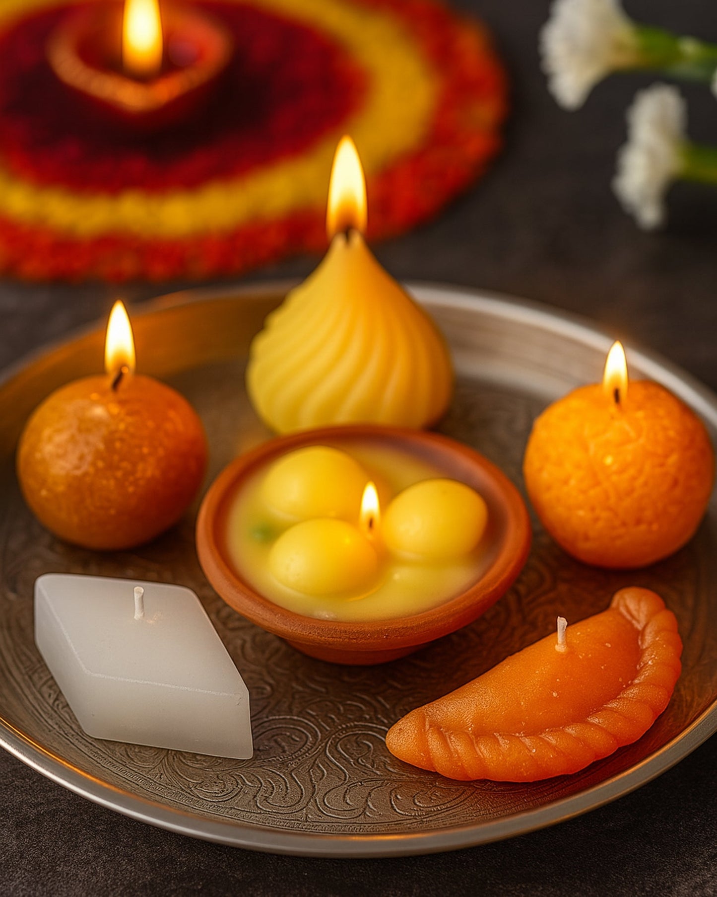 Premium Ladoo Candle, Hand Poured, Motichur Laddoo Candles, Diwali Gift Pack Decorative Scented Candle 100% Paraffin Wax, Set of 4