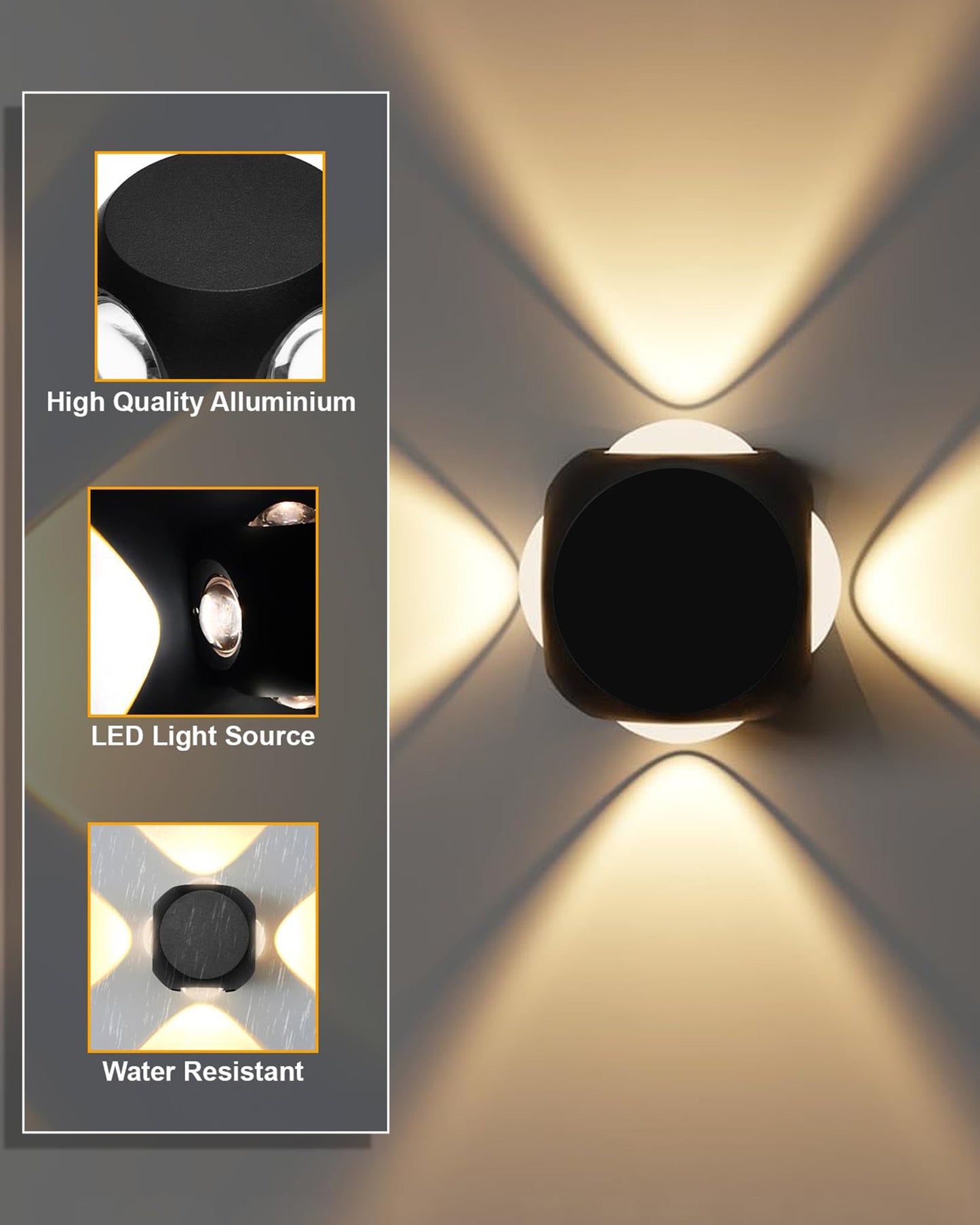 LED Indoor Outdoor Up/Down Wall Light - 6W,Warm White,(4 Multi-Directional Beam),IP65 Aluminum Body Waterproof, Pack of 1 (1 year Warranty)
