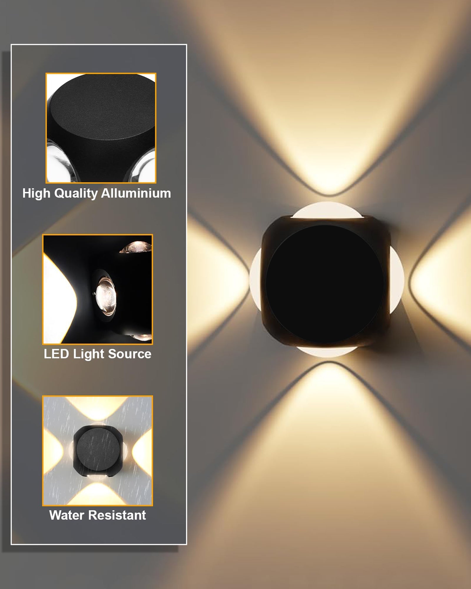 LED Indoor Outdoor Up/Down Wall Light - 6W,Warm White,(4 Multi-Directional Beam),IP65 Aluminum Body Waterproof, Pack of 1 (1 year Warranty)