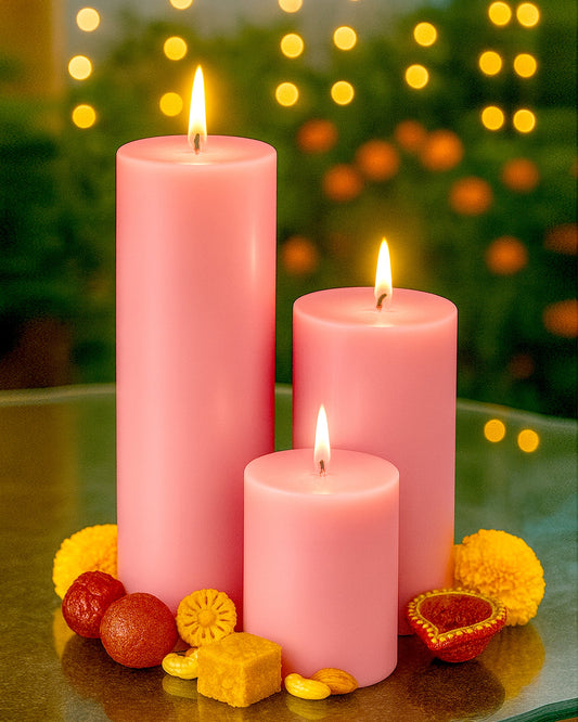 Pillar Candles Set of 3, Width 2" High 2" 4" 6" Large Paraffin Soy Wax Pillar Candles Aesthetic Modern Home Decor for Bathroom Living Room Diwali Gifts (Pink)