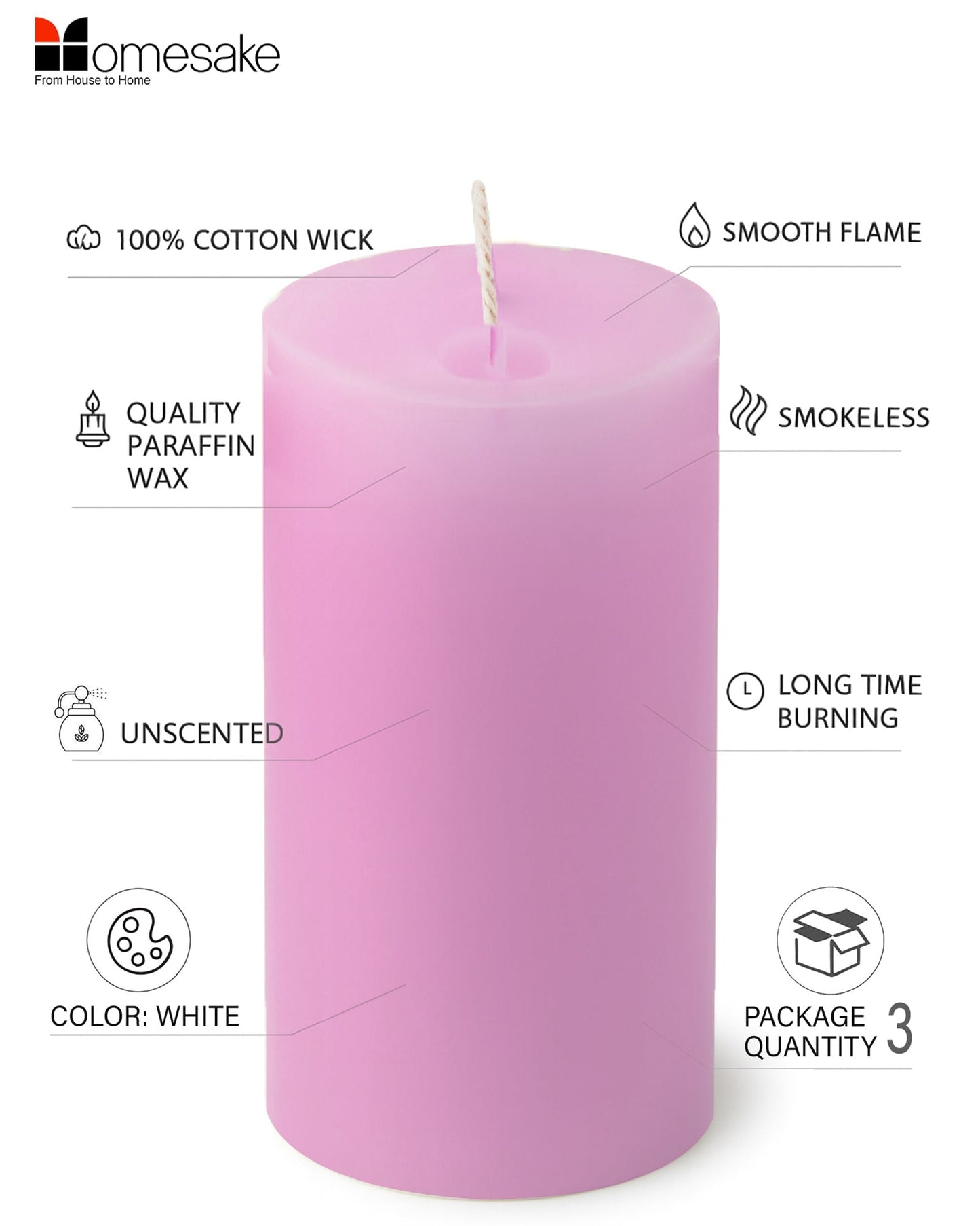 Pillar Candles Set of 3, Width 2" High 2" 4" 6" Large Paraffin Soy Wax Pillar Candles Aesthetic Modern Home Decor for Bathroom Living Room Diwali Gifts (Pink)