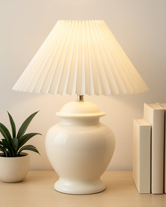 Ceramic Table Lamp for Bedroom Living Room ,Modern Pleated Lampshade Bedside Light , Nightstand Lamp for Home Office, Minimalist Nordic Style Accent Lighting Décor, White Pleated Shade