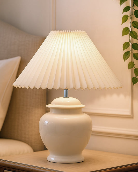 Ceramic Table Lamp for Bedroom Living Room ,Modern Pleated Lampshade Bedside Light , Nightstand Lamp for Home Office, Minimalist Nordic Style Accent Lighting Décor, White Pleated Shade