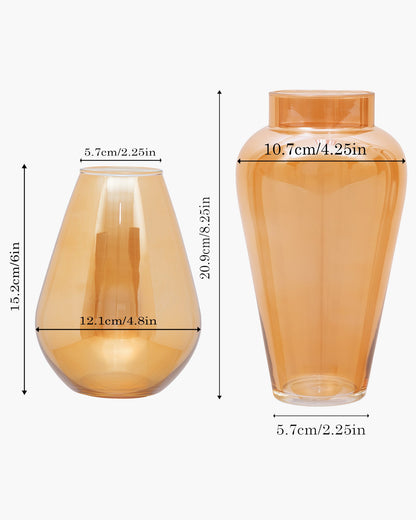 Set of 2 Flower Vase for Flower Plants Glass Vase Pot for Living Room Home Decor Dining Table Decoration Water Plants Bedroom Hall Aesthetic House Warming Gift, Amber Gold