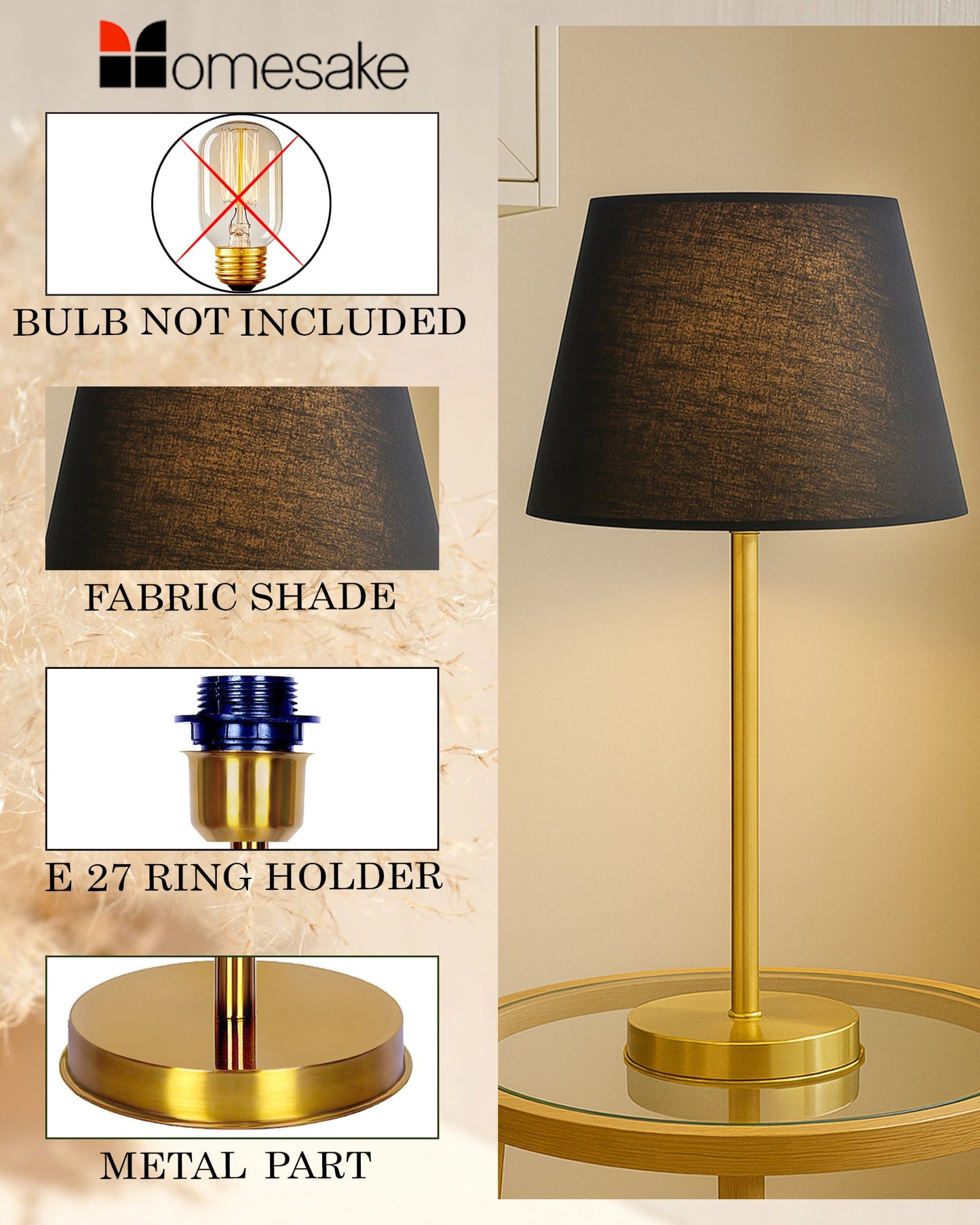 Gold Table Lamp for Living Room & Bedroom | Modern Metal Bedside Lamp | Elegant Nightstand Light for Home Décor | Stylish Study & Office Desk Lamp, Black Taper Drum