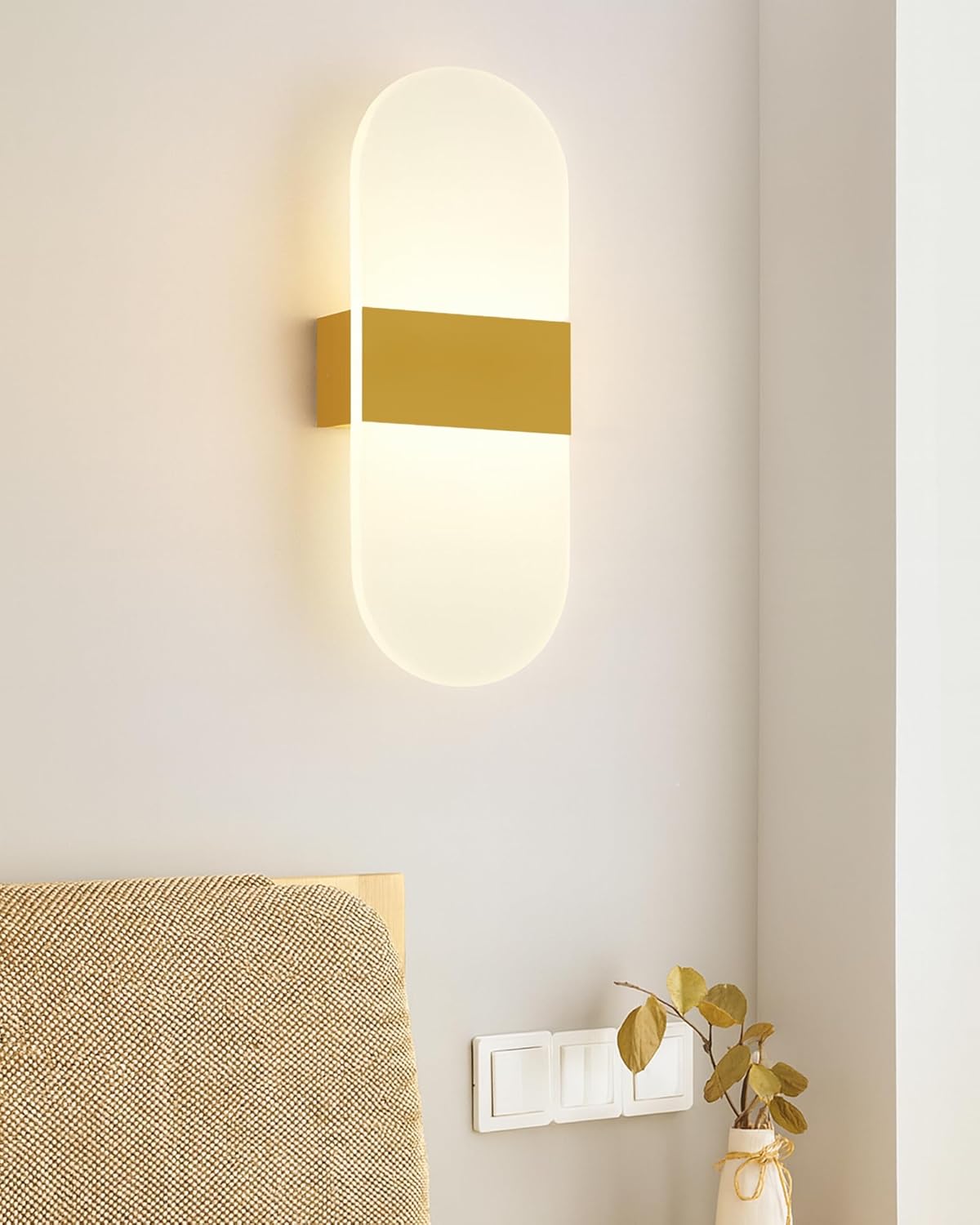 Modern LED Acrylic Wall Light for Living Room | Frosted Panel Sconce Vertical Panel Wall Mounted – Warm White, Indoor Decorative Lighting, Oval, Gold