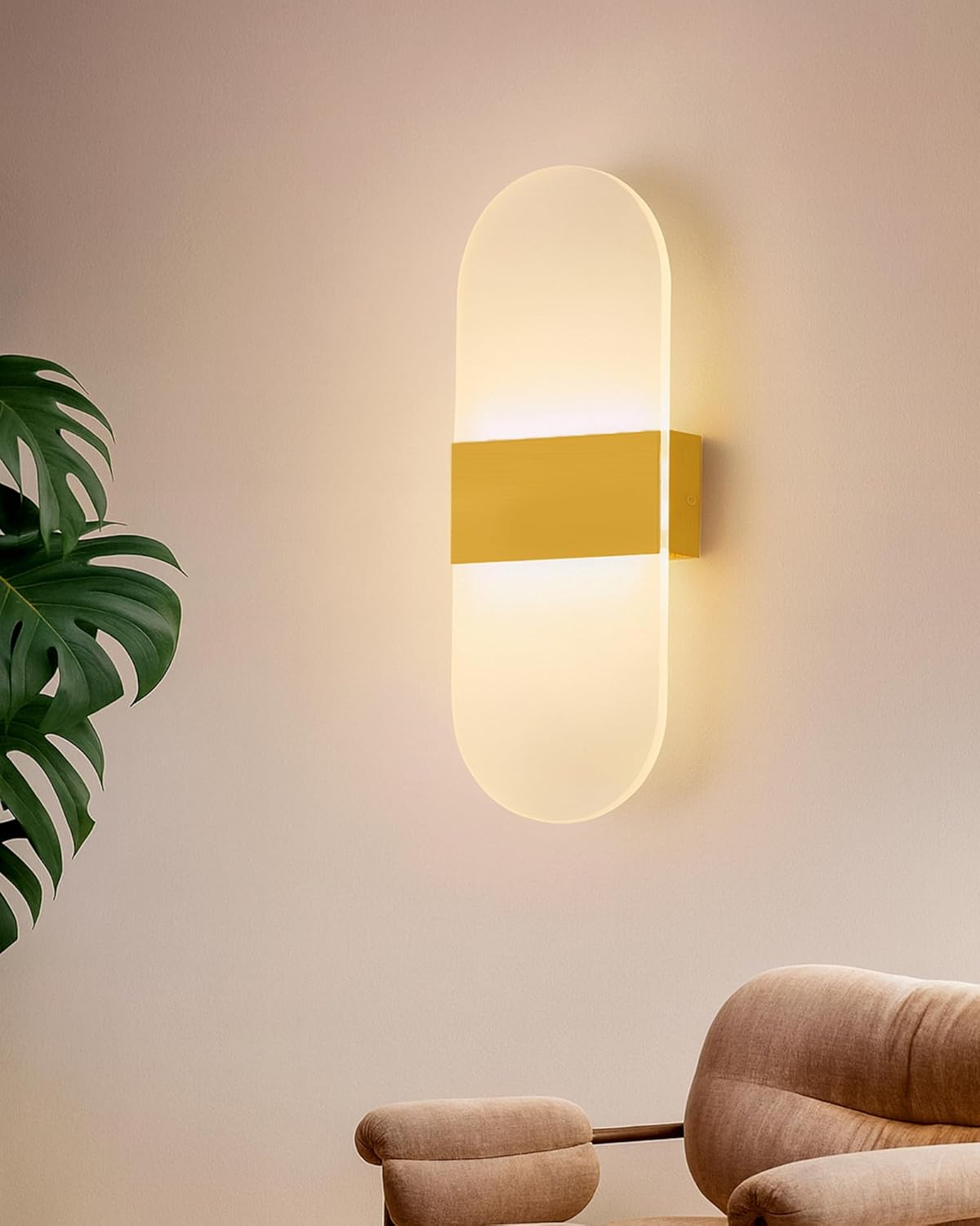 Modern LED Acrylic Wall Light for Living Room | Frosted Panel Sconce Vertical Panel Wall Mounted – Warm White, Indoor Decorative Lighting, Oval, Gold