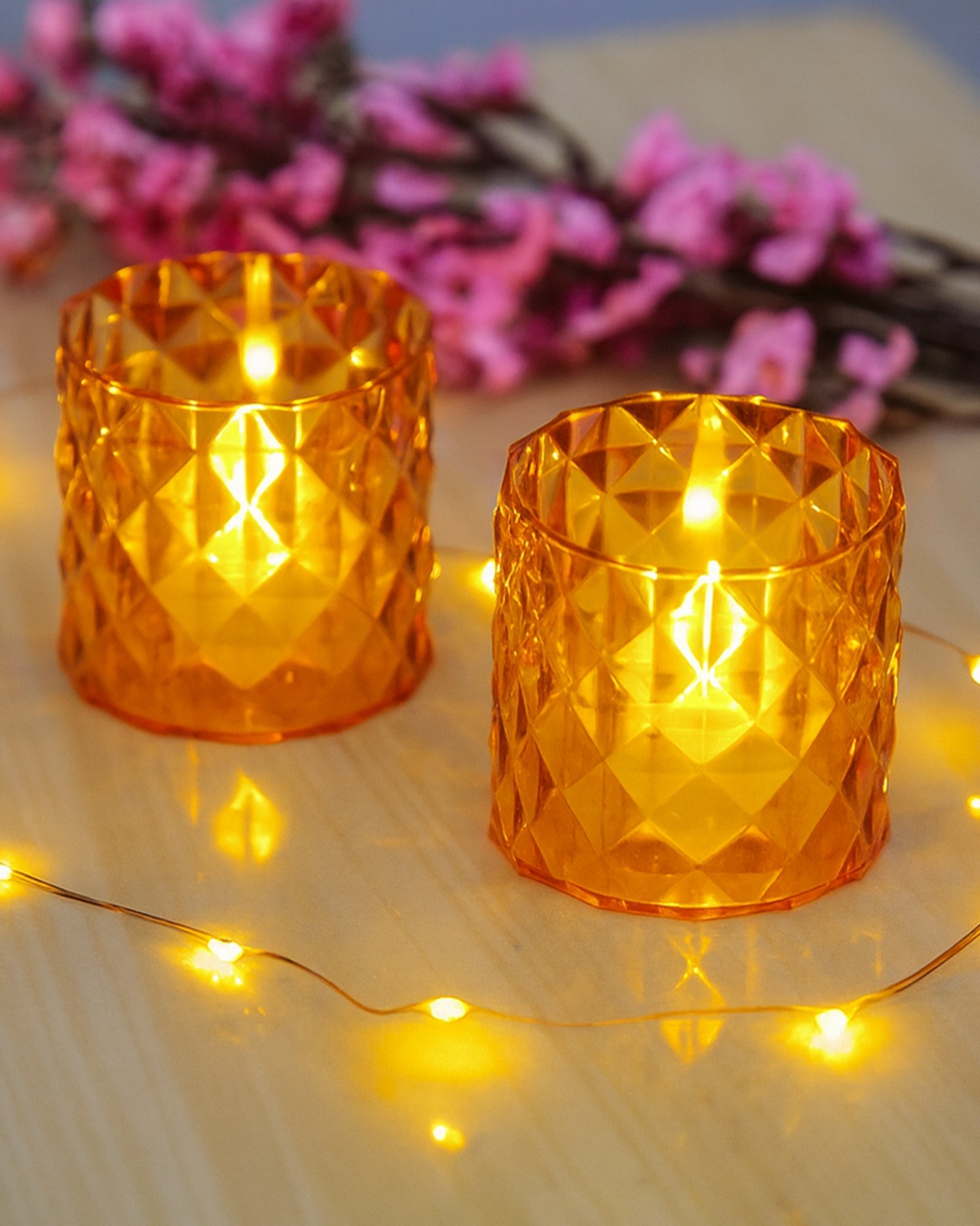 Acrylic Tealight Candle Holder – Diamond Cut Votive for Home Decoration, Diwali, Wedding & Festive Lighting – Decorative Table Centerpiece, Amber, set of 2