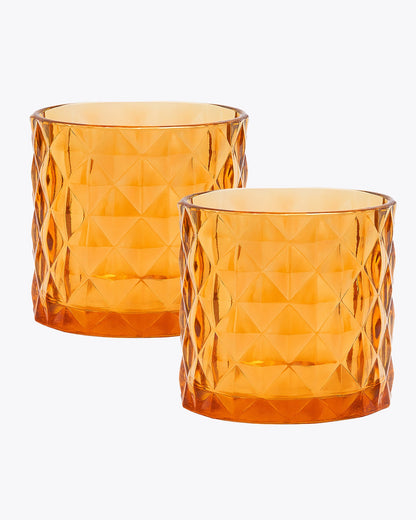 Acrylic Tealight Candle Holder – Diamond Cut Votive for Home Decoration, Diwali, Wedding & Festive Lighting – Decorative Table Centerpiece, Amber, set of 2