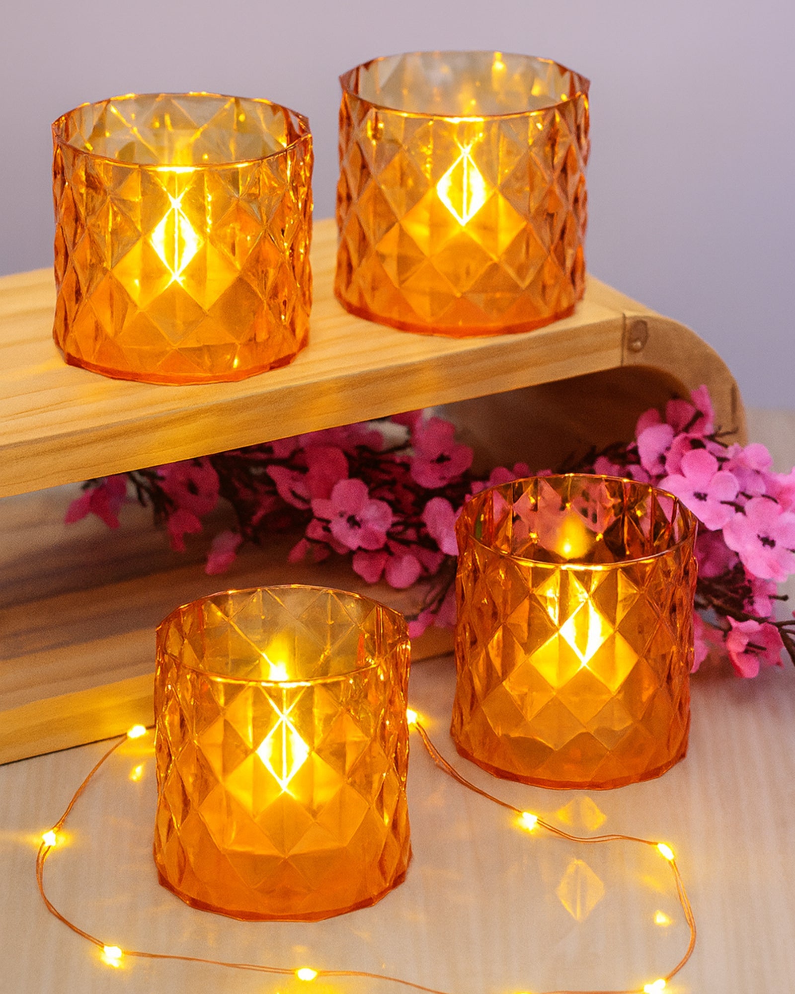 Acrylic Tealight Candle Holder – Diamond Cut Votive for Home Decoration, Diwali, Wedding & Festive Lighting – Decorative Table Centerpiece, Amber, set of 2
