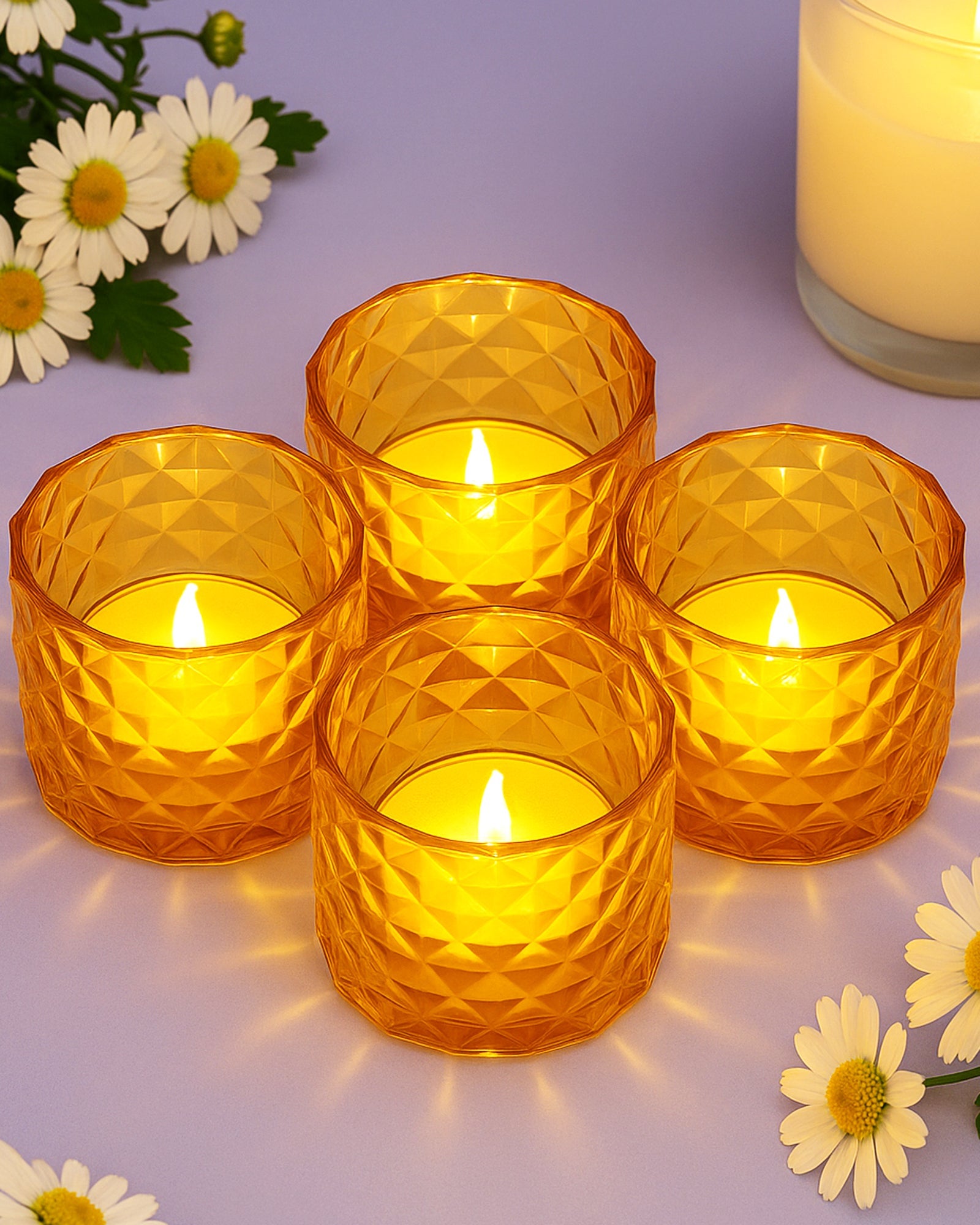 Acrylic Tealight Candle Holder – Diamond Cut Votive for Home Decoration, Diwali, Wedding & Festive Lighting – Decorative Table Centerpiece, Amber, set of 2