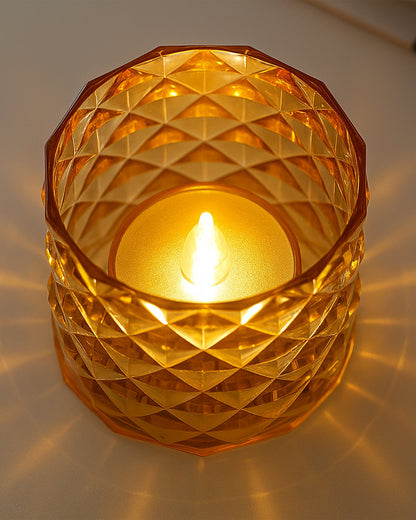 Acrylic Tealight Candle Holder – Diamond Cut Votive for Home Decoration, Diwali, Wedding & Festive Lighting – Decorative Table Centerpiece, Amber, set of 2