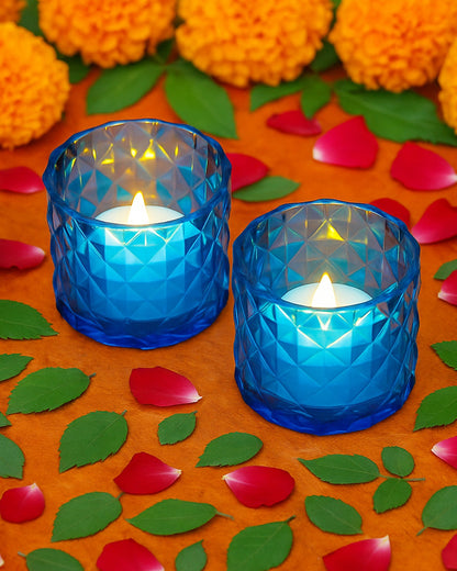 Acrylic Tealight Candle Holder – Diamond Cut Votive for Home Decoration, Diwali, Wedding & Festive Lighting – Decorative Table Centerpiece, Amber, set of 2