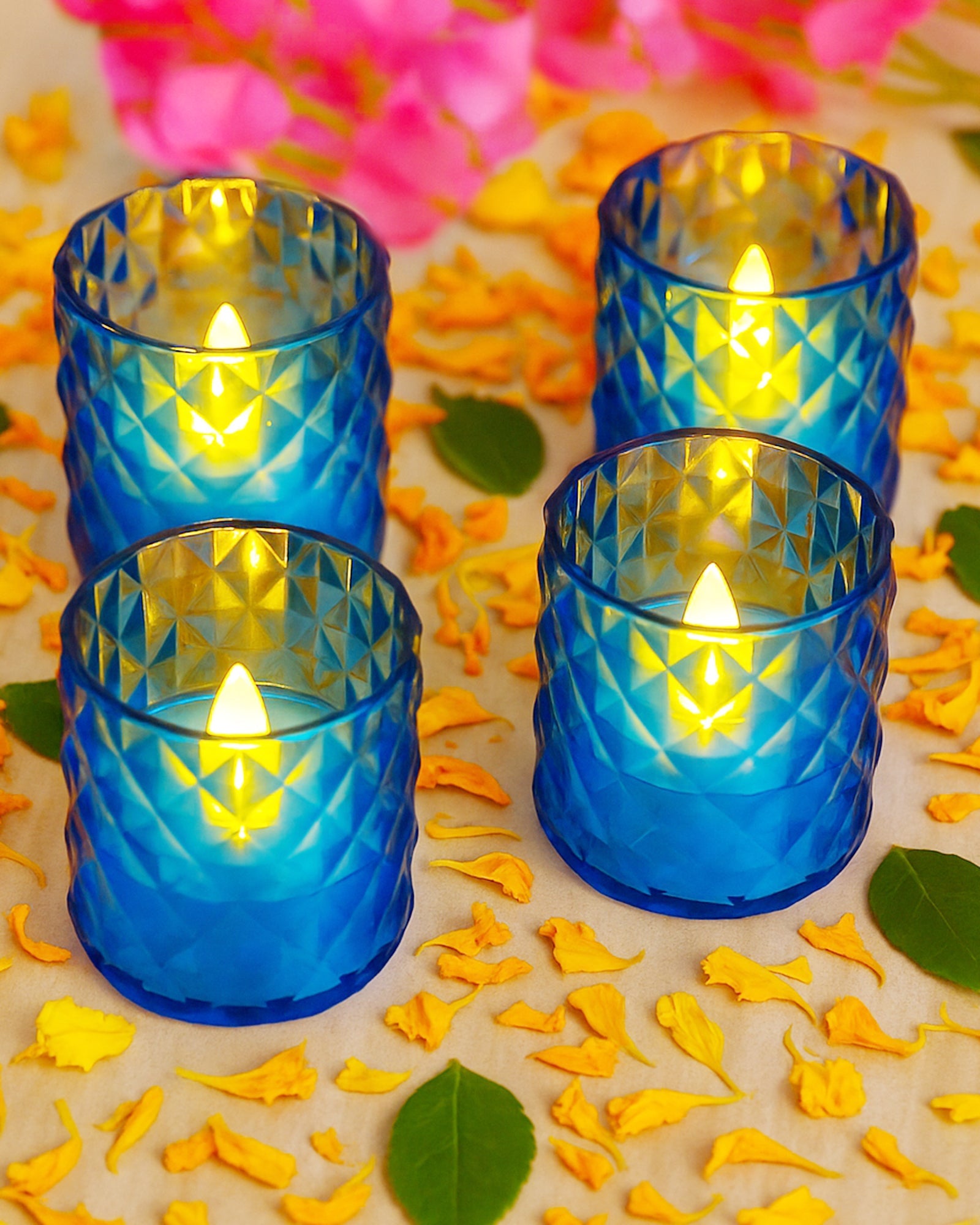 Acrylic Tealight Candle Holder – Diamond Cut Votive for Home Decoration, Diwali, Wedding & Festive Lighting – Decorative Table Centerpiece, Amber, set of 2