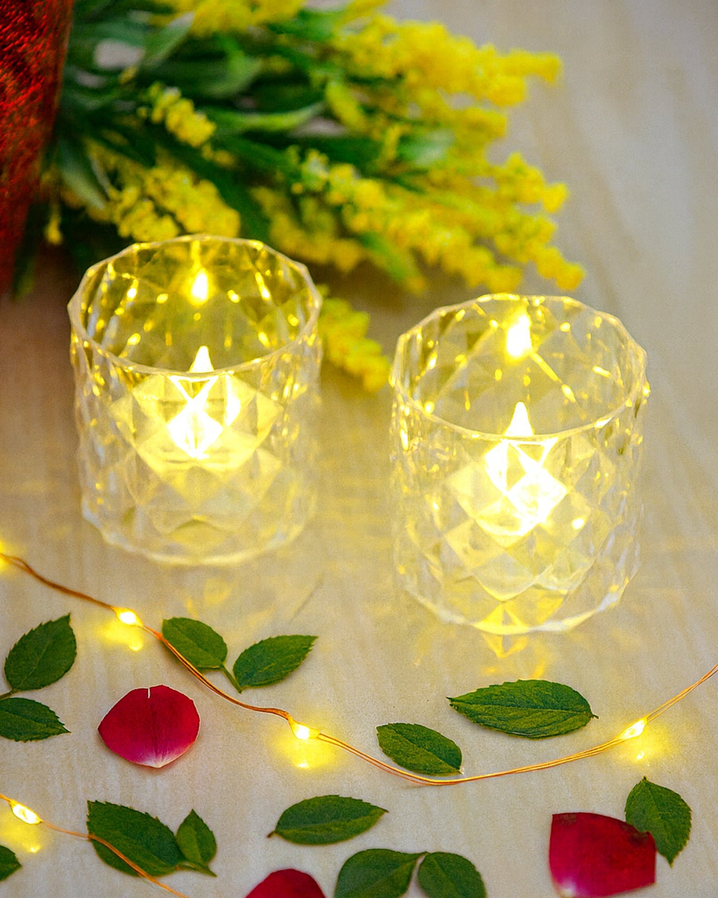 Acrylic Tealight Candle Holder – Diamond Cut Votive for Home Decoration, Diwali, Wedding & Festive Lighting – Decorative Table Centerpiece, Amber, set of 2