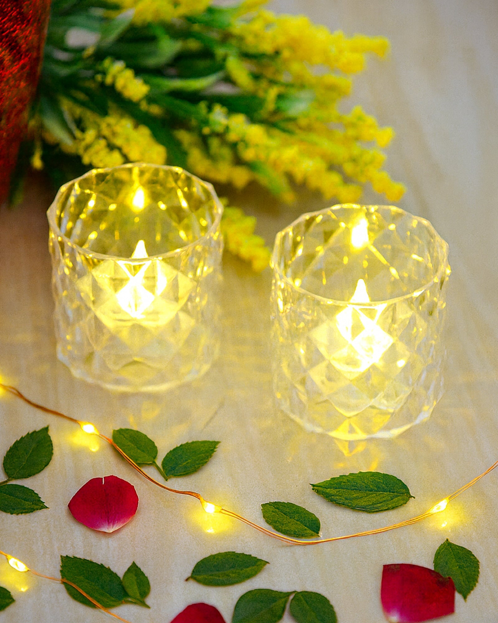 Acrylic Tealight Candle Holder – Diamond Cut Votive for Home Decoration, Diwali, Wedding & Festive Lighting – Decorative Table Centerpiece, Amber, set of 2