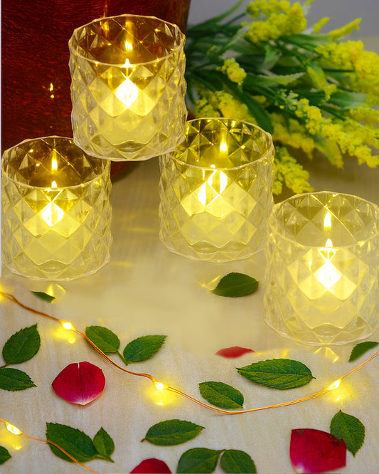 Acrylic Tealight Candle Holder – Diamond Cut Votive for Home Decoration, Diwali, Wedding & Festive Lighting – Decorative Table Centerpiece, Amber, set of 2