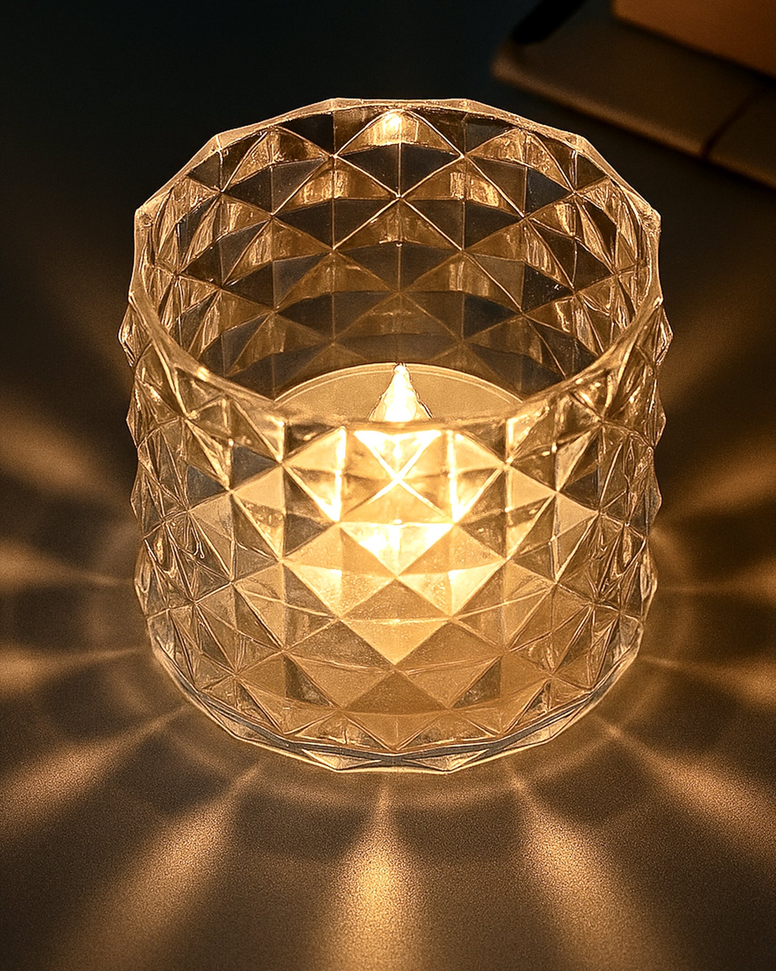 Acrylic Tealight Candle Holder – Diamond Cut Votive for Home Decoration, Diwali, Wedding & Festive Lighting – Decorative Table Centerpiece, Amber, set of 2