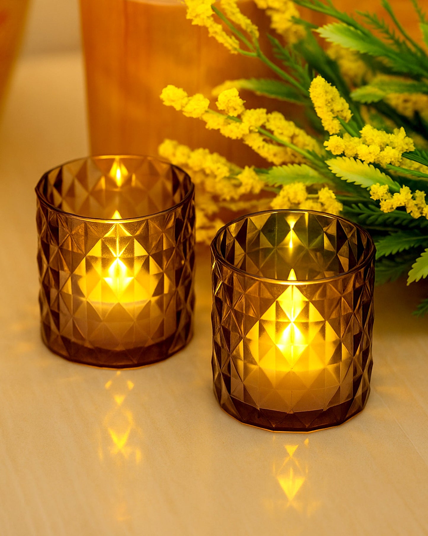 Acrylic Tealight Candle Holder – Diamond Cut Votive for Home Decoration, Diwali, Wedding & Festive Lighting – Decorative Table Centerpiece, Amber, set of 2