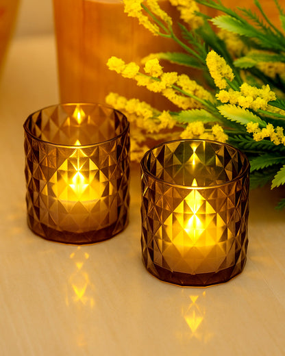 Acrylic Tealight Candle Holder – Diamond Cut Votive for Home Decoration, Diwali, Wedding & Festive Lighting – Decorative Table Centerpiece, Amber, set of 2