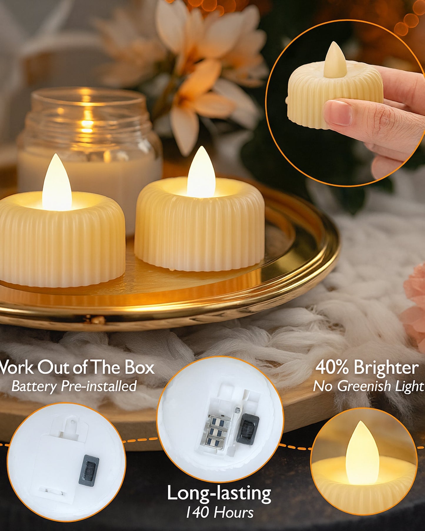 LED Tealight Candles – Warm White Flickering Flameless Lights for Home Décor, Diwali, Weddings & Parties, Battery Operated (Pack of 4)