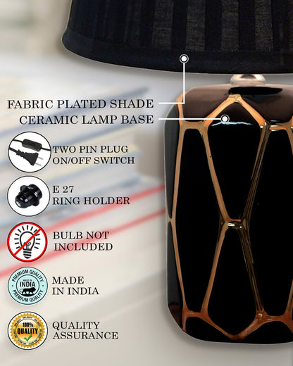 Modern Ceramic Base Bedside Table Lamp, Table Lamps for Home Decoration and Bedroom Decor with On/Off Button, Night Lamp with Cotton Fabric Shade, Black Gold Hive, Khadi