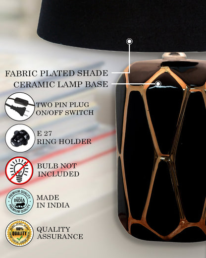 Modern Ceramic Base Bedside Table Lamp, Table Lamps for Home Decoration and Bedroom Decor with On/Off Button, Night Lamp with Cotton Fabric Shade, Black Gold Hive, Khadi