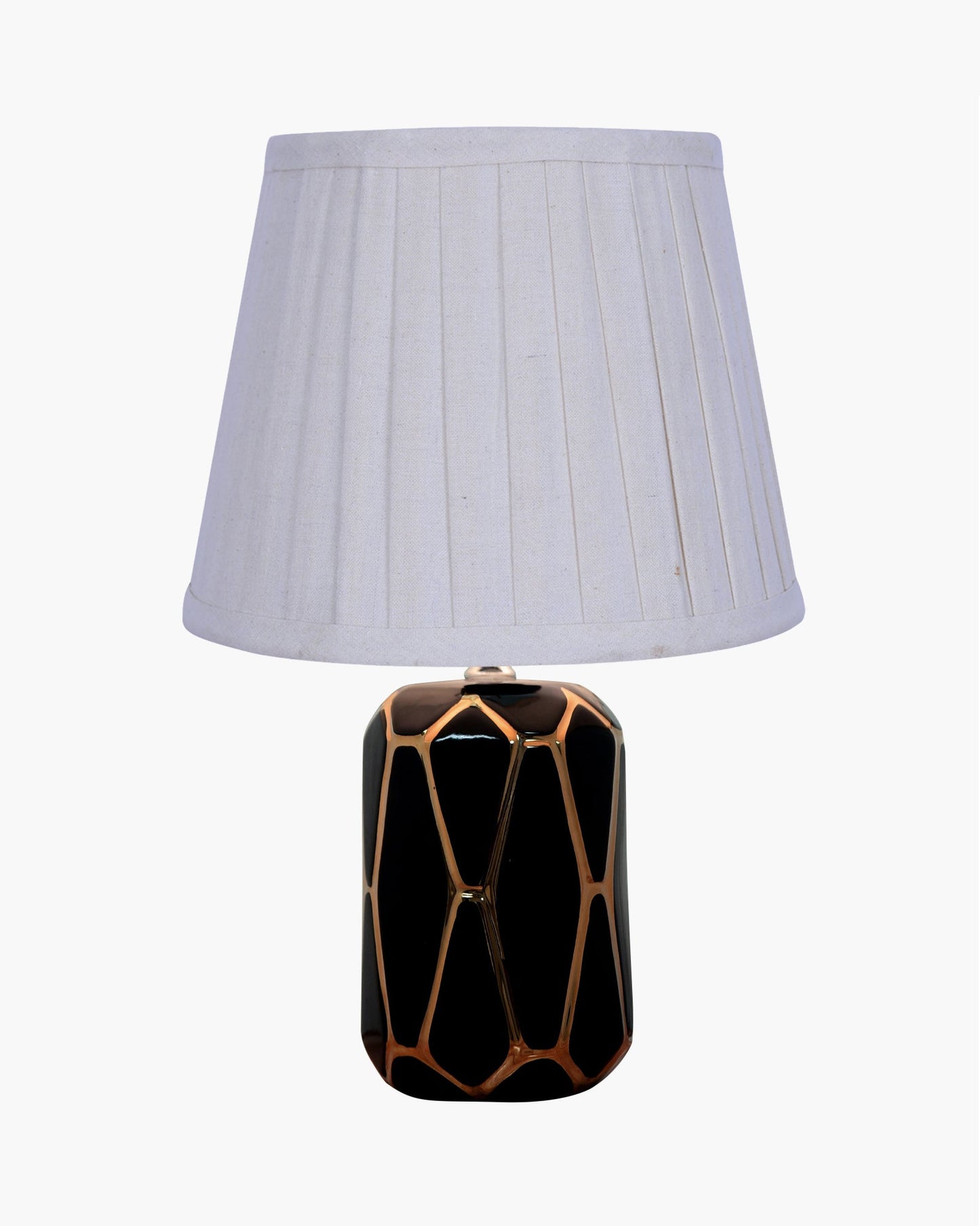 Modern Ceramic Base Bedside Table Lamp, Table Lamps for Home Decoration and Bedroom Decor with On/Off Button, Night Lamp with Cotton Fabric Shade, Black Gold Hive, Khadi