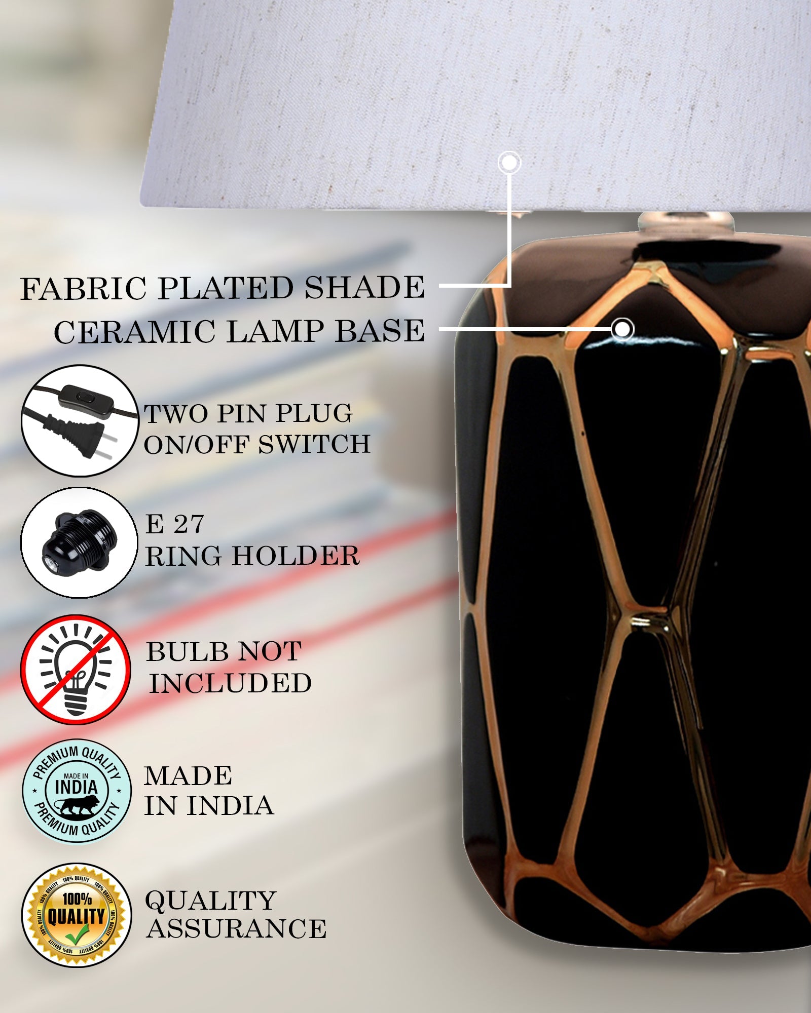 Modern Ceramic Base Bedside Table Lamp, Table Lamps for Home Decoration and Bedroom Decor with On/Off Button, Night Lamp with Cotton Fabric Shade, Black Gold Hive, Khadi