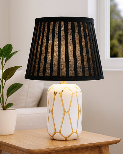 Retro Ceramic Base Bedside Table Lamp, Table Lamps for Home Decoration and Bedroom Decor with On/Off Button, Night Lamp with Cotton Fabric Shade, White Gold Hive, Khadi Frill