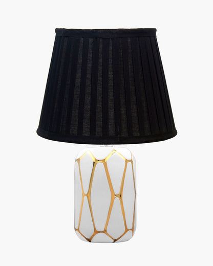 Retro Ceramic Base Bedside Table Lamp, Table Lamps for Home Decoration and Bedroom Decor with On/Off Button, Night Lamp with Cotton Fabric Shade, White Gold Hive, Khadi Frill