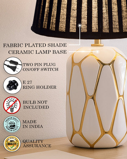 Retro Ceramic Base Bedside Table Lamp, Table Lamps for Home Decoration and Bedroom Decor with On/Off Button, Night Lamp with Cotton Fabric Shade, White Gold Hive, Khadi Frill