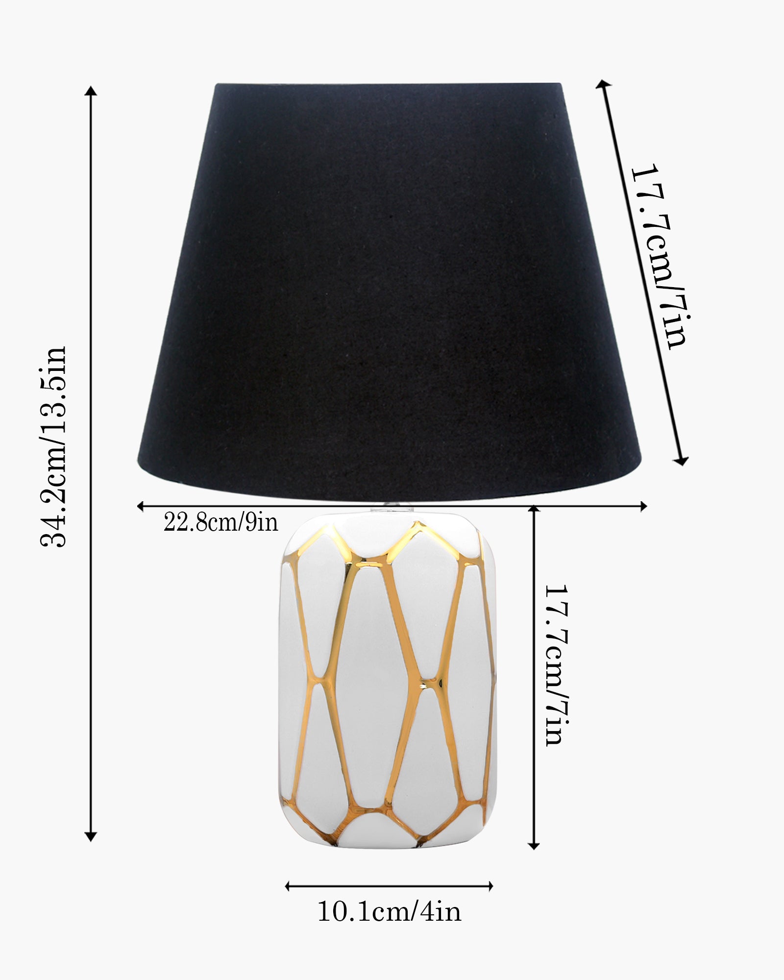 Retro Ceramic Base Bedside Table Lamp, Table Lamps for Home Decoration and Bedroom Decor with On/Off Button, Night Lamp with Cotton Fabric Shade, White Gold Hive, Khadi