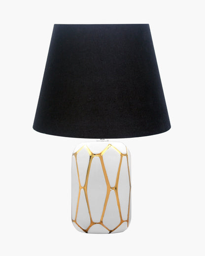 Retro Ceramic Base Bedside Table Lamp, Table Lamps for Home Decoration and Bedroom Decor with On/Off Button, Night Lamp with Cotton Fabric Shade, White Gold Hive, Khadi