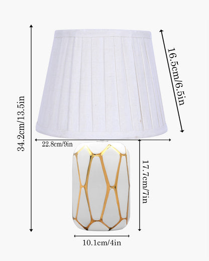 Retro Ceramic Base Bedside Table Lamp, Table Lamps for Home Decoration and Bedroom Decor with On/Off Button, Night Lamp with Cotton Fabric Shade, White Gold Hive, Khadi Frill