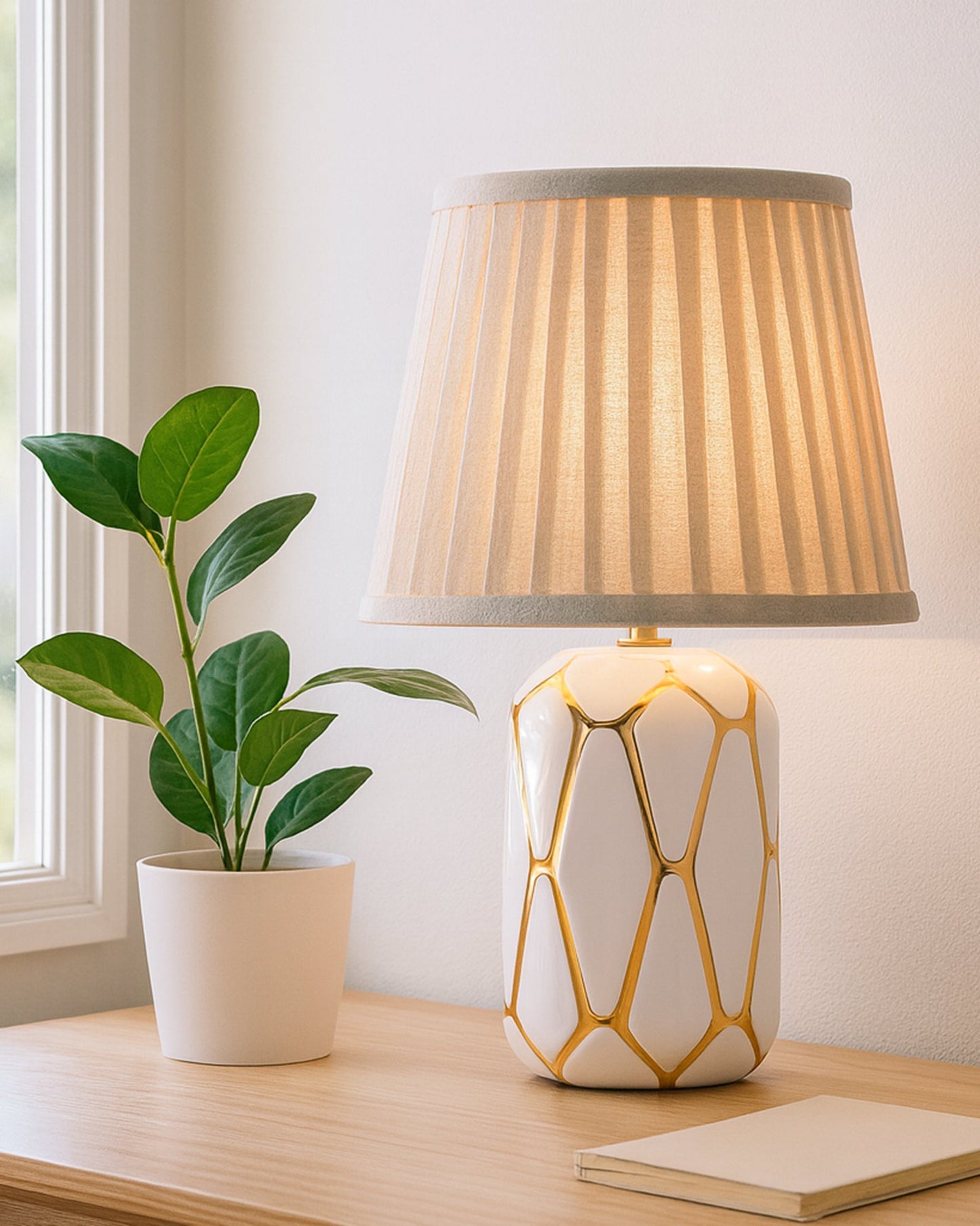 Retro Ceramic Base Bedside Table Lamp, Table Lamps for Home Decoration and Bedroom Decor with On/Off Button, Night Lamp with Cotton Fabric Shade, White Gold Hive, Khadi Frill