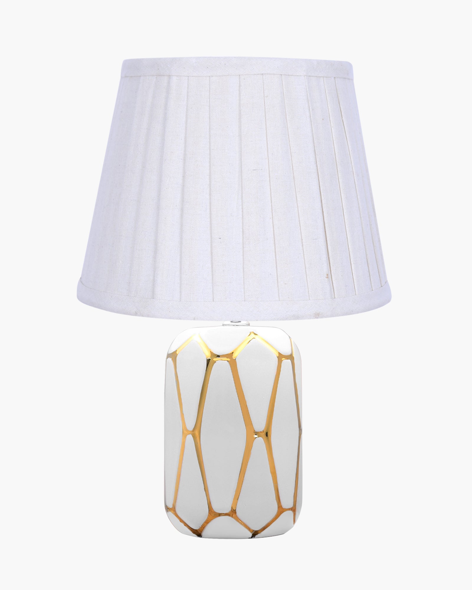 Retro Ceramic Base Bedside Table Lamp, Table Lamps for Home Decoration and Bedroom Decor with On/Off Button, Night Lamp with Cotton Fabric Shade, White Gold Hive, Khadi Frill