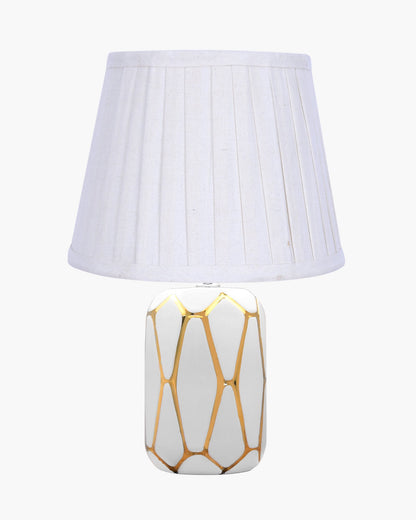 Retro Ceramic Base Bedside Table Lamp, Table Lamps for Home Decoration and Bedroom Decor with On/Off Button, Night Lamp with Cotton Fabric Shade, White Gold Hive, Khadi Frill